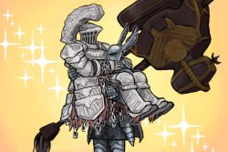 Rule 34 | 2boys, armor, boots, carrying, character request, commentary, covered face, dark souls (series), dark souls i, dark souls iii, emlan, english commentary, faulds, full armor, gauntlets, greaves, hammer, havel the rock, helmet, huge weapon, multiple boys, princess carry, silver knight (dark souls), silver knight ledo, sparkle, standing, weapon, yellow background