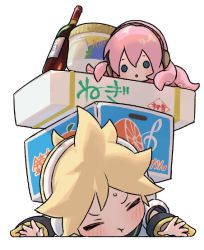 Rule 34 | 1boy, 1girl, :t, arm warmers, blonde hair, blouse, blue eyes, bottle, box, commentary, crushing, closed eyes, food, ice cream, ice cream cup, kagamine len, looking at another, lying, megurine luka, naoko (naonocoto), octopus, on stomach, orange print, outstretched arms, pink hair, shirt, solid circle eyes, spiked hair, sweat, takoluka, tentacle hair, translated, treble clef, v-shaped eyebrows, vocaloid, white background, white shirt, wine bottle