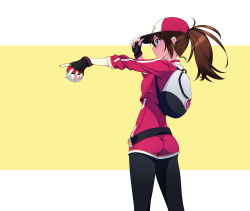 Rule 34 | 10s, 1girl, ass, backpack, bag, baseball cap, breasts, brown hair, creatures (company), cropped jacket, female protagonist (pokemon go), fingerless gloves, from side, game freak, gloves, hat, highres, holding, holding poke ball, leggings, long hair, medium breasts, murakami suigun, nintendo, outstretched arm, peaked cap, poke ball, poke ball (basic), pokemon, pokemon go, ponytail, profile, solo