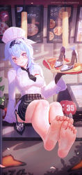Rule 34 | 1girl, bare legs, barefoot, black gloves, black necktie, black skirt, blue hair, breasts, eula (genshin impact), eula (pizza hut) (genshin impact), feet, foot focus, full body, genshin impact, gloves, hair between eyes, hat, high heels, highres, holding, holding tray, icecake, indoors, long sleeves, looking at viewer, medium breasts, necktie, parted lips, purple eyes, shirt, shoes, unworn shoes, sitting, skirt, smile, soles, solo, toes, tray, white shirt