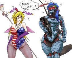 Rule 34 | 2girls, ?, aged up, alternate costume, american flag, animal ears, armor, bare shoulders, blonde hair, blue armor, blue hair, bodysuit, breasts, chain, chain necklace, cleavage, clownpiece, collarbone, colored eyelashes, commentary request, cowboy shot, earrings, elbow gloves, english text, eyeliner, facial tattoo, fairy wings, fake animal ears, fake tail, fishnet pantyhose, fishnets, frown, gas mask, gloves, gun, gun request, hairband, highres, jewelry, large breasts, leotard, long hair, looking at another, makeup, mallet, mask, medium hair, multiple girls, necklace, orange eyes, pale skin, pantyhose, parted lips, playboy bunny, pointy ears, power armor, purple gloves, purple hairband, rabbit ears, rabbit tail, rebreather, red eyes, ryuuichi (f dragon), seiran (touhou), sharp teeth, simple background, skull, skull necklace, staff, star-shaped pupils, star (symbol), sweat, symbol-shaped pupils, tail, tattoo, teeth, thighs, thought bubble, torch earrings, touhou, weapon, white background, wide hips, wings