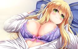 Rule 34 | 1girl, bad id, bad pixiv id, blonde hair, blush, bow, bow bra, bra, breasts, dress shirt, floral print, green eyes, hair between eyes, ichina (osabakitina), large breasts, long hair, looking at viewer, lying, on back, open clothes, open shirt, original, pillow, purple bra, ribbon-trimmed bra, shirt, smile, solo, sweat, underwear, white shirt