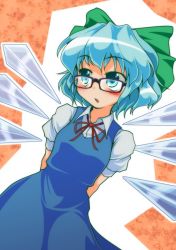 Rule 34 | 1girl, arms behind back, bad id, bad pixiv id, bespectacled, blue eyes, blue hair, blush, bow, cirno, dress, glasses, hair bow, matching hair/eyes, short hair, solo, tama home, touhou, upper body, wings