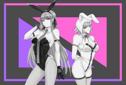 Rule 34 | 2girls, animal ears, animal hood, arms behind back, bare shoulders, braid, breasts, cleavage, collarbone, commentary request, danganronpa: trigger happy havoc, danganronpa (series), danganronpa 2: goodbye despair, detached collar, elbow gloves, fake animal ears, fake tail, fishnet legwear, fishnets, gloves, hair ribbon, hand up, highres, hood, kirigiri kyoko, large breasts, leotard, long hair, looking at viewer, mole, mole on breast, monochrome, multiple girls, nanami chiaki, official alternate costume, pantyhose, pink eyes, playboy bunny, purple eyes, rabbit ears, rabbit hood, rabbit tail, ribbon, side braid, spot color, tail, thighhighs, two-tone leotard, wrist cuffs, xuni guodu (calrxaqp)