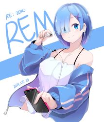 Rule 34 | 1girl, absurdres, bad id, bad pixiv id, blue eyes, blue hair, bra strap, breasts, cable, cellphone, cropped legs, dated, ddangbi, dress, earbuds, earphones, hair ornament, hair over one eye, highres, jacket, large breasts, off shoulder, open clothes, open jacket, phone, re:zero kara hajimeru isekai seikatsu, rem (re:zero), short hair, smartphone, smile, solo, spaghetti strap, strapless, strapless dress, track jacket, white dress, x hair ornament
