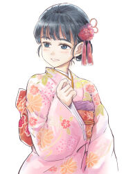 1girl basori_tiara black_hair blue_eyes blush clenched_teeth floral_print hair_bun hand_up highres japanese_clothes kimono long_sleeves make_heroine_ga_oo_sugiru! mole mole_on_neck obi pink_kimono print_kimono sash short_hair simple_background solo teeth toyosora upper_body white_background wide_sleeves