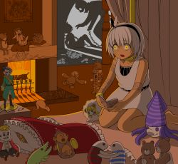 Rule 34 | 1girl, arm tattoo, asatsuki (cookie), aztec, barefoot, black shorts, blonde hair, boots, bow, brown footwear, chain, cirno, coat, column, commentary request, cookie (touhou), creature, crown, cymbals, dark-skinned female, dark skin, doll, domestic violence, dress, fez hat, fire, fireplace, framed image, frilled skirt, frills, full body, green coat, hair between eyes, hair bow, highres, holding, holding sword, holding weapon, horns, ibuki suika, imagining, instrument, jewelry, jyu (cookie), kirisame marisa, kurikinton (cookie), manatsu no yo no inmu, military, military uniform, miura meat, money, necklace, open mouth, picture frame, pillar, pillow, purple bow, reading, rei (cookie), safety pin, scared, seiza, shadow, sheep, sheep horns, short hair, shorts, shumiyou desu, sitting, skirt, sleeveless, sleeveless dress, solo, stuffed animal, stuffed toy, stuffing, sweat, sword, tattoo, teddy bear, touhou, toy, tsuno (nicoseiga11206720), uniform, weapon, white dress, white hair, yajuu senpai, yamin (cookie), yellow eyes