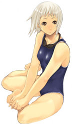 Rule 34 | 1girl, barefoot, brown eyes, competition swimsuit, feet, frown, goggles, goggles around neck, imigimuru, looking away, non-web source, one-piece swimsuit, original, short hair, silver hair, simple background, sitting, solo, swimsuit, white background, yokozuwari