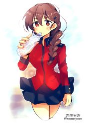 Rule 34 | 10s, 1girl, black skirt, blurry, blurry background, blush, bottle, braid, brown eyes, brown hair, closed mouth, commentary, cowboy shot, cropped legs, dated, epaulettes, girls und panzer, hair ornament, hair over shoulder, hair tie, hairclip, highres, holding, holding bottle, jacket, long hair, long sleeves, looking at viewer, military, military uniform, miniskirt, namatyoco, one-hour drawing challenge, pleated skirt, red jacket, rukuriri (girls und panzer), single braid, skirt, solo, st. gloriana&#039;s military uniform, standing, sweat, twitter username, uniform, water bottle