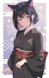 Rule 34 | 1girl, absurdres, animal ears, black hair, black kimono, blue archive, blush, cat ears, closed mouth, colored inner hair, egasumi, extra ears, halo, highres, japanese clothes, kazusa (blue archive), kimono, long sleeves, looking at viewer, multicolored hair, obi, pink hair, pink halo, red eyes, sash, shiguren 39, short hair, smile, solo, wide sleeves