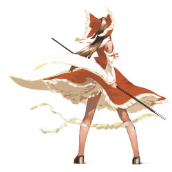 Rule 34 | 1girl, bow, brown hair, commentary request, detached sleeves, from behind, full body, gohei, hair bow, hair ornament, hair ribbon, hakurei reimu, japanese clothes, kinketsu, legs apart, long hair, long skirt, long sleeves, miko, nontraditional miko, petticoat, ponytail, red skirt, ribbon, shirt, shoes, simple background, skirt, skirt set, solo, standing, touhou, upskirt, white background, wide sleeves