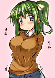 Rule 34 | 1girl, ase (nigesapo), blue eyes, blush, breasts, daiyousei, fairy wings, green hair, hair ribbon, highres, large breasts, long hair, long sleeves, low wings, ribbon, side ponytail, simple background, smile, solo, sweater, touhou, wings