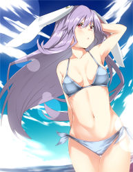 Rule 34 | 1girl, animal ears, arm behind head, bad id, bad pixiv id, bare arms, bare shoulders, bikini, breasts, collarbone, commentary request, cowboy shot, day, highres, kz oji, long hair, looking at viewer, navel, parted lips, purple hair, rabbit ears, red eyes, reisen udongein inaba, side-tie bikini bottom, sky, small breasts, solo, swimsuit, thighs, touhou, very long hair, water, white bikini