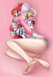 Rule 34 | 1girl, absurdres, artist request, ass, bare legs, barefoot, breasts, dress, embarrassed, headphones, highres, jacket, large breasts, long hair, looking to the side, multicolored hair, one piece, one piece film: red, panties, pink background, pink hair, red hair, shiny skin, sitting, smile, sweat, toes, two-tone hair, underwear, uta (one piece), very long hair, white panties