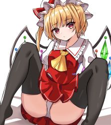 Rule 34 | 1girl, black thighhighs, blonde hair, blush, bow, crystal, expressionless, facing viewer, flandre scarlet, frilled shirt, frilled skirt, frilled sleeves, frills, hat, hat ribbon, highres, kiui (dagk8254), looking at viewer, m legs, mob cap, panties, pantyshot, red bow, red eyes, red ribbon, ribbon, shirt, short hair, simple background, skirt, solo, spread legs, thighhighs, thong, touhou, underwear, white hat, wings
