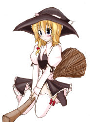 Rule 34 | 1girl, blonde hair, blush, broom, broom riding, female focus, hat, kirisame marisa, solo, thighhighs, touhou, witch, witch hat