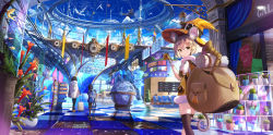 Rule 34 | 6+girls, absurdres, animal ear fluff, animal ears, backpack, bag, black legwear, blonde hair, cactus, checkered floor, chess piece, chinese commentary, clock, clover theater, commentary request, dress, fish, fish tank, fur-trimmed dress, fur trim, globe, gloves, hair between eyes, haruru (clover theater), hat, highres, huge filesize, indoors, king (chess), looking at viewer, looking back, multiple girls, plant, potted plant, prinz eugen1938, short hair, single thighhigh, standing, tail, thighhighs, witch hat, yellow dress