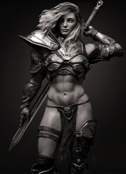 Rule 34 | 1girl, 3d, abs, armor, bikini armor, breastplate, cowboy shot, gauntlets, greaves, hand on sword, hand up, highres, loincloth, long hair, looking at viewer, monochrome, realistic, shoulder armor, simple background, solo, standing, sword, sword behind back, thigh strap, vambraces, weapon