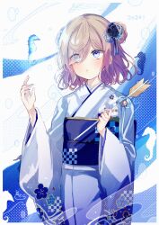 Rule 34 | 1girl, 2024, :o, absurdres, arrow (projectile), bell, black flower, blue eyes, blue flower, blue kimono, blue nails, blush, brown hair, commentary request, double bun, eyes visible through hair, fish, floral print, flower, hair bun, hair flower, hair ornament, hair over one eye, hamaya, hands up, highres, holding, holding arrow, japanese clothes, jingle bell, kimono, long sleeves, nail polish, obi, original, parted lips, print kimono, revision, sash, seahorse, sofra, solo, white background, white kimono, wide sleeves