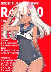 Rule 34 | 1girl, blonde hair, blue eyes, blush, breasts, character name, cowboy shot, crop top, flower, fuminomino, hair between eyes, hair flower, hair ornament, highres, japanese flag, kantai collection, long hair, looking at viewer, one-piece swimsuit, open mouth, red background, ro-500 (kancolle), sailor collar, salute, school swimsuit, smile, solo, swimsuit, swimsuit under clothes, tan, tanline, text background