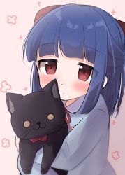 Rule 34 | blue hair, blunt bangs, blush, bow, bowtie, child, closed mouth, fuguiiii, highres, red bow, red bowtie, red eyes, red ribbon, ribbon, sajo yukimi, simple background, stuffed animal, stuffed cat, stuffed toy