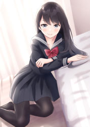 Rule 34 | 1girl, bed, black pantyhose, black sailor collar, black serafuku, black shirt, black skirt, blush, bow, brown hair, closed mouth, collarbone, commentary request, curtains, dutch angle, fingernails, grey eyes, indoors, kneeling, long hair, long sleeves, on floor, original, pantyhose, pleated skirt, red bow, sailor collar, school uniform, serafuku, shirt, skirt, smile, solo, very long hair, yukimaru217
