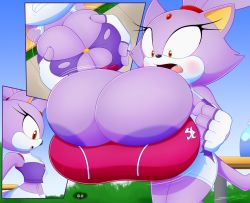 1girl blaze_the_cat blush breast_expansion breast_growth breasts expansion female_focus furry furry_female gigantic_breasts growth huge_breasts large_areolae large_breasts multiple_views slickehedge sonic_(series) torn_clothes