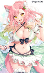 Rule 34 | 1girl, :d, animal ear fluff, animal ears, bikini, black bow, bow, breasts, cleavage, commission, criss-cross halter, detached sleeves, gradient hair, green hair, hagino kouta, hair ornament, halterneck, hand up, highres, long hair, looking at viewer, medium breasts, multicolored hair, navel, open mouth, original, pink hair, puffy short sleeves, puffy sleeves, short sleeves, skeb commission, smile, solo, swimsuit, tail, twitter username, very long hair, white bikini, white sleeves, wrist cuffs, yellow eyes