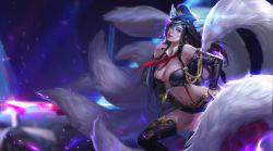 Rule 34 | 1girl, absurdres, ahri (league of legends), animal ears, black hair, black skirt, black thighhighs, blurry, breasts, commentary request, depth of field, detached collar, diffraction spikes, facial mark, fox ears, fox tail, from side, hair between eyes, hand on own hip, head tilt, highres, league of legends, leaning forward, li miao, long sleeves, medium breasts, microskirt, multiple tails, navel, realistic, skirt, solo, sparkle, tail, thighhighs, tongue, tongue out, whisker markings, wing collar