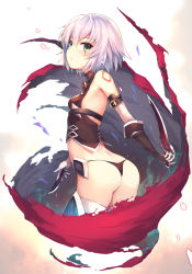 Rule 34 | 1girl, arm belt, ass, bandages, bandaged arm, bandages, bare shoulders, black gloves, black panties, breasts, cape, dagger, fate/apocrypha, fate (series), from behind, gloves, green eyes, hinooka shuuji, jack the ripper (fate/apocrypha), knife, looking at viewer, panties, scar, scar across eye, scar on face, short hair, shoulder tattoo, silver hair, small breasts, solo, tattoo, thighhighs, underwear, weapon