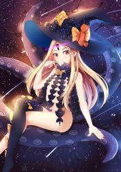 Rule 34 | 1girl, abigail williams (fate), abigail williams (second ascension) (fate), arm support, black bow, black hat, black thighhighs, blonde hair, blush, bow, breasts, brown eyes, commentary request, crossed legs, fate/grand order, fate (series), fingernails, glowing, hat, hat bow, heart, highres, key, long hair, looking at viewer, nude, orange bow, papa (15953225141), parted bangs, parted lips, single thighhigh, sitting, small breasts, smile, solo, suction cups, tentacles, thighhighs, very long hair, witch hat
