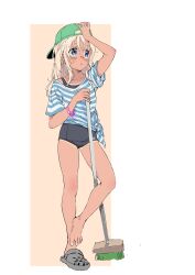 Rule 34 | 1girl, alternate costume, arm up, bare legs, barefoot, baseball cap, blonde hair, blush, broom, casual, commentary request, crocs, full body, hat, highres, holding, holding broom, jinkai yamizawa, kantai collection, old school swimsuit, one-piece swimsuit, one-piece tan, open mouth, ro-500 (kancolle), school swimsuit, shirt, short sleeves, simple background, solo, standing, standing on one leg, striped clothes, striped shirt, sweat, swimsuit, t-shirt, tan, tanline, tied shirt