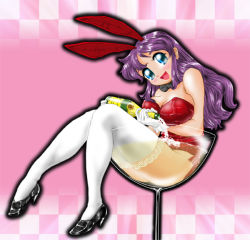Rule 34 | 1girl, alcohol, animal ears, black bow, black bowtie, blue eyes, bottle, bow, bowtie, chalice, champagne, cup, detached collar, fake animal ears, leotard, long hair, original, pekepeke, playboy bunny, purple hair, rabbit ears, solo, submerged, thighhighs, wet, wet clothes, white thighhighs