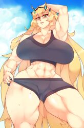 Rule 34 | 1girl, abs, absurdly long hair, barghest (fate), blonde hair, blue sky, bra, breasts, fate (series), green eyes, hand on own head, huge breasts, long hair, muscular, muscular female, rtil, sky, thick thighs, thighs, underwear, very long hair