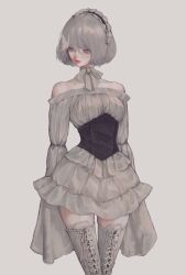 Rule 34 | 12yun30, 1girl, 2b (nier:automata), absurdres, alternate costume, bare shoulders, blue eyes, boots, bug, butterfly, choker, commentary, cowboy shot, cross-laced footwear, dress, expressionless, frilled hairband, frills, grey background, grey hair, hairband, highres, insect, looking to the side, mole, mole under mouth, nier:automata, nier (series), no mask, off-shoulder dress, off shoulder, ribbon choker, short hair, simple background, sleeves past fingers, sleeves past wrists, solo, thigh boots