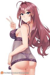 Rule 34 | 1girl, ahoge, aslindsamure, ass, babydoll, blue eyes, blush, breasts, brown hair, camisole, closed mouth, hair between eyes, hand up, highres, ichinose shiki, idolmaster, idolmaster cinderella girls, large breasts, lingerie, long hair, looking at viewer, looking back, panties, patreon username, purple camisole, purple panties, see-through, sideboob, simple background, smile, solo, thong, translucent, twisted torso, underwear, underwear only, v, wavy hair, white background