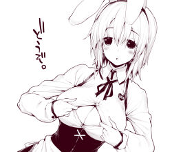 Rule 34 | 1girl, animal ears, bad id, bad pixiv id, blush, breasts, center opening, character request, cleavage, corset, dutch angle, hairband, large breasts, monochrome, mutsutake, name tag, open clothes, open shirt, original, paizuri invitation, rabbit ears, shirt, short hair, simple background, solo