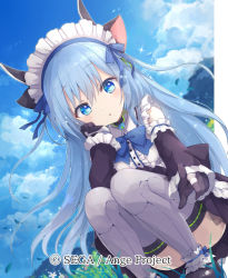 Rule 34 | 1girl, ange vierge, animal ears, black gloves, day, gloves, grey thighhighs, looking at viewer, maid, official art, omega 47 toto, outdoors, shamonor, smile, solo, thighhighs, watermark