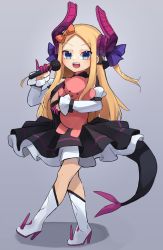Rule 34 | 1girl, abigail williams (fate), bare shoulders, black dress, blonde hair, blue eyes, blush, breasts, cosplay, curled horns, dragon girl, dragon horns, dress, elizabeth bathory (fate), elizabeth bathory (fate) (cosplay), elizabeth bathory (fate/extra ccc), elizabeth bathory (first ascension) (fate), fate/grand order, fate (series), forehead, full body, hair ribbon, highres, horns, layered skirt, long hair, looking at viewer, miya (miyaruta), parted bangs, ribbon, skirt, small breasts, stuffed animal, stuffed toy, teddy bear, thighs, two side up, white skirt