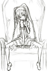 Rule 34 | 1girl, :p, bare shoulders, detached sleeves, ekaterina kurae, finger to mouth, graphite (medium), hairband, head tilt, highres, kokutou-kuiuti, lolita hairband, mixed media, monochrome, naughty face, seikon no qwaser, sitting, sketch, skinny, solo, spread legs, thighhighs, throne, tongue, tongue out, traditional media, twintails