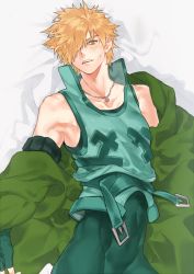 Rule 34 | 1boy, blonde hair, blush, fate/grand order, fate (series), green eyes, hair over one eye, jacket, kissai, looking at viewer, lying, male focus, on back, open clothes, open jacket, robin hood (fate), solo, unitard