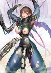 Rule 34 | 1girl, android, bodysuit, braid, breasts, brown hair, crown braid, damaged, eguchi tumoru, joints, large breasts, machine, mechanical parts, nervous, niijima makoto, no bra, persona, persona 5, red eyes, repairing, robot joints, short hair, solo, thick thighs, thighs, torn clothes