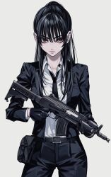 Rule 34 | 1girl, absurdres, assault rifle, belt, belt buckle, belt pouch, black belt, black eyes, black gloves, black hair, black jacket, black necktie, black pants, black suit, buckle, collared shirt, cowboy shot, eyelashes, formal, gloves, gun, hair between eyes, high ponytail, highres, holding, holding gun, holding weapon, jacket, kalashnikov rifle, long hair, long sleeves, looking at viewer, loose necktie, necktie, open clothes, open jacket, original, pants, parted lips, pouch, rifle, shirt, shirt tucked in, simple background, solo, suit, suit jacket, trigger discipline, urkt 10, weapon, white background, white shirt