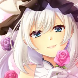 Rule 34 | 1girl, bad id, bad pixiv id, blue eyes, closed mouth, fate/grand order, fate (series), flower, gloves, hair between eyes, hair flower, hair ornament, head tilt, holding, holding flower, looking at viewer, marie antoinette (fate), marie antoinette (third ascension) (fate), pink flower, pink rose, portrait, purple flower, purple rose, riako, rose, silver hair, smile, solo, white gloves