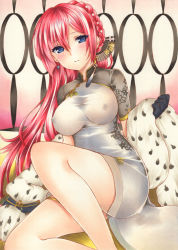 Rule 34 | 1girl, azur lane, black gloves, blue eyes, blush, braid, breasts, china dress, chinese clothes, covered erect nipples, dress, earrings, feather boa, gloves, hair between eyes, highres, impossible clothes, impossible dress, jewelry, large breasts, long hair, looking at viewer, marker (medium), monarch (azur lane), monarch (black gerard) (azur lane), red hair, saya pr, sidelocks, traditional media