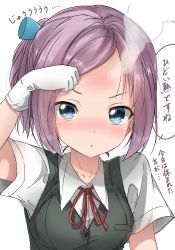 Rule 34 | 10s, 1girl, :o, adjusting hair, arm up, blouse, blue eyes, blush, breasts, buttons, collarbone, collared shirt, female focus, forehead, gloves, hair ornament, highres, japanese text, kantai collection, looking at viewer, neck ribbon, open mouth, pentagon (railgun ky1206), pink hair, ponytail, purple hair, red ribbon, ribbon, school uniform, shiranui (kancolle), shirt, short hair, short ponytail, short sleeves, side ponytail, simple background, small breasts, solo, steam, text focus, translation request, upper body, vest, white background, white gloves, white shirt