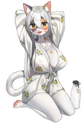 Rule 34 | 1girl, :3, animal ear fluff, animal ears, animal feet, animal nose, arms behind head, arms up, artist name, barefoot, bathrobe, black fur, body fur, bottle, breasts, cat ears, cat girl, cat tail, claws, covered erect nipples, english text, etivka, fangs, female focus, furry, furry female, gradient hair, grey hair, groin, hair between eyes, happy, haru (etivka), heart, highres, jewelry, kneeling, large breasts, lemon print, long hair, looking at viewer, milk bottle, multicolored fur, multicolored hair, necklace, no bra, open mouth, orange eyes, orange fur, original, pawpads, robe, seiza, shiny skin, sidelocks, signature, simple background, sitting, smile, solo, tail, thighs, two-tone hair, white background, white fur, white hair, white robe