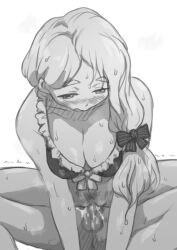 Rule 34 | 1boy, 1girl, bare shoulders, bikini, bikini top only, blonde hair, blonde pubic hair, blush, bow, breasts, censored, cleavage, collarbone, fire emblem, fire emblem: three houses, fire emblem heroes, frilled bikini, frills, girl on top, gluteal fold, hair bow, hair over shoulder, hetero, kufuku, large breasts, long hair, mercedes von martritz, mercedes von martritz (summer), monochrome, mosaic censoring, motion lines, nintendo, official alternate costume, pubic hair, reverse cowgirl position, sex, sex from behind, side ponytail, simple background, solo focus, spread legs, straddling, sweat, swimsuit, testicles, trembling, two-tone bikini, vaginal, wavy hair