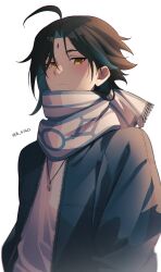 Rule 34 | 1boy, black hair, blue jacket, genshin impact, green hair, highres, jacket, jewelry, jk 4140, male focus, multicolored hair, necklace, scarf, solo, twitter username, white background, xiao (genshin impact), yellow eyes