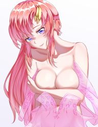 Rule 34 | 1girl, blush, breasts, closed mouth, collarbone, covering privates, covering breasts, gundam, gundam seed, hair between eyes, lacus clyne, long hair, looking at viewer, medium breasts, niaru (r2pi), pink hair, purple eyes, simple background, smile, solo, upper body, very long hair, white background